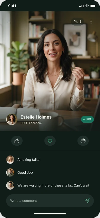 Live video broadcast with the host, reaction buttons, a raise hand and a live comment thread