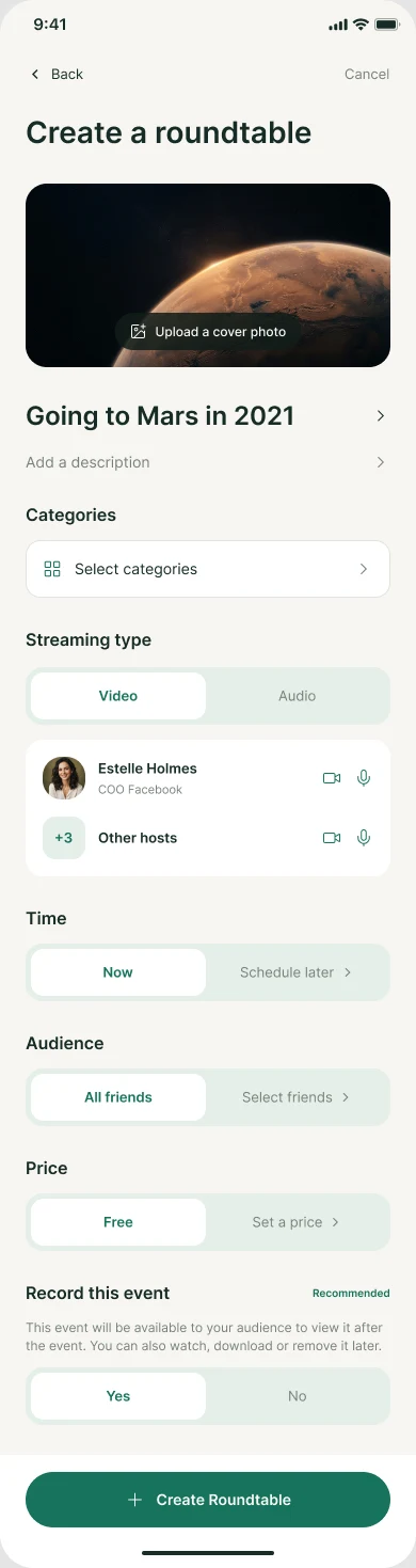 Create a roundtable: cover photo, title, categories, video or audio, hosts, time, audience, price and whether to record