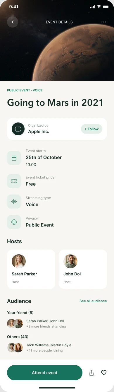 Event details for Going to Mars in 2021: organiser, start time, free ticket, voice stream, hosts, friends attending and an Attend event button
