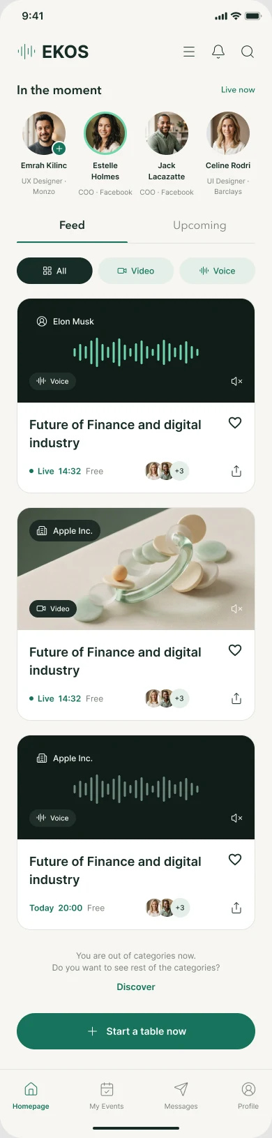 EKOS home feed: people live now, a Feed and Upcoming switch, filters for video and voice, live tables and a Start a table now button