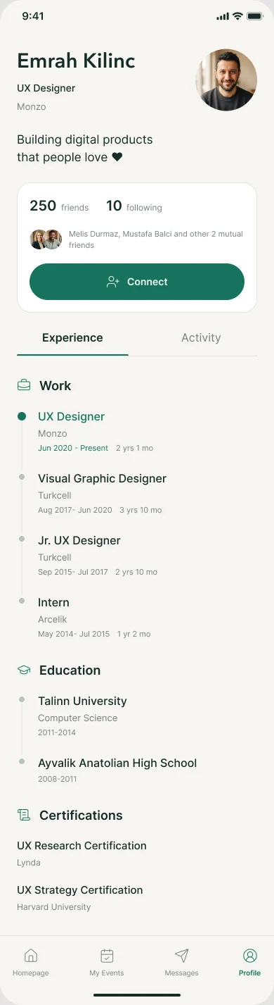 Public profile: role, friends and mutual connections, a Connect button, and work, education and certifications