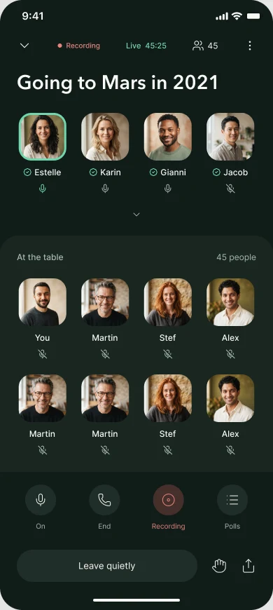 Live roundtable: speakers on stage, the people at the table below, and controls for mic, end, recording and polls, with a Leave quietly button
