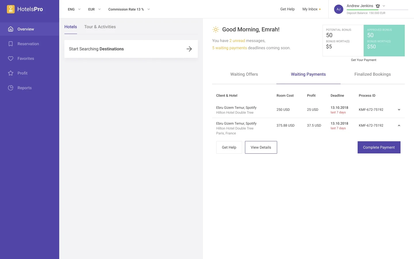 HotelsPro agent dashboard with waiting offers, payments due and bookings