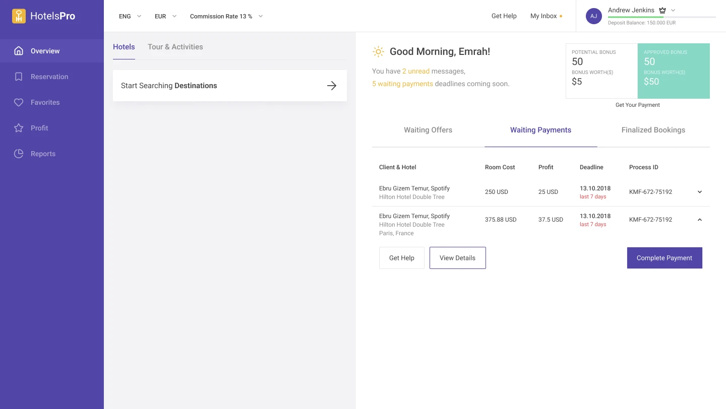 HotelsPro agent dashboard showing waiting payments with client, hotel, room cost, profit, deadline and a Complete payment button