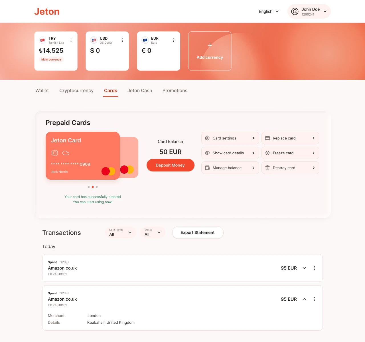 Jeton wallet: currency accounts, the prepaid card with its balance and controls, and transactions