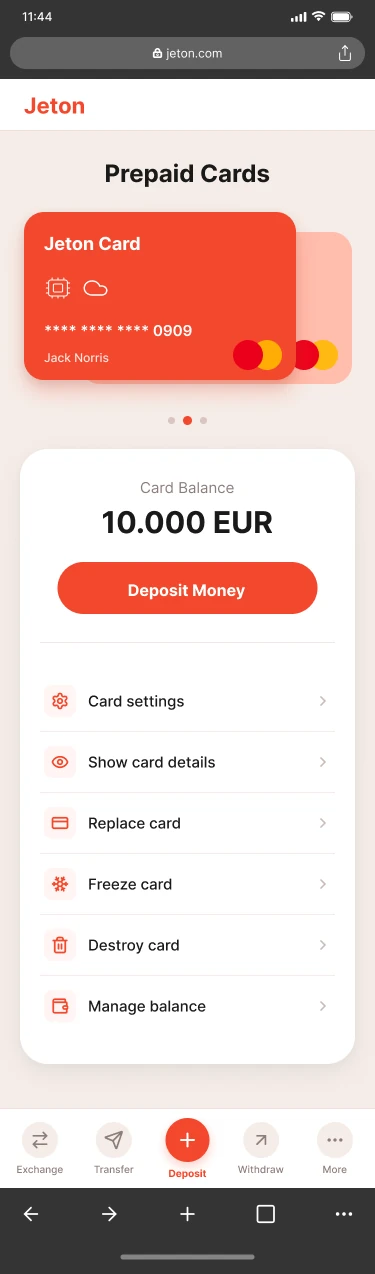 Jeton mobile wallet: card carousel, card balance with Deposit Money, card controls and the bottom navigation