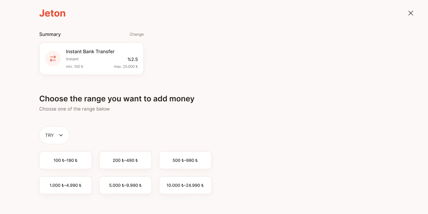 Choosing a deposit range after picking Instant Bank Transfer, with the chosen method summarised at the top