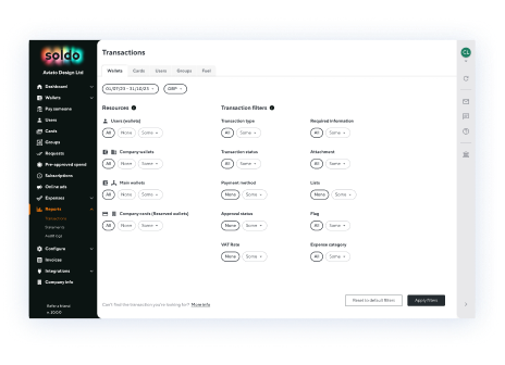 Old Reports screen: a wall of resource and transaction filters shown by default