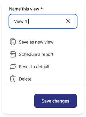 View menu: name this view, save as new view, schedule a report, reset to default, delete