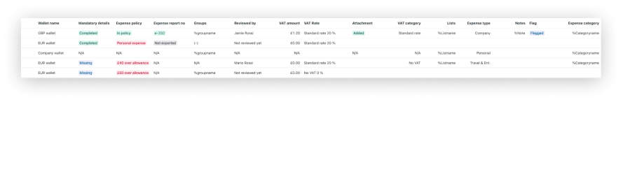 Transaction table columns: wallet, mandatory details, expense policy, VAT, lists, flag