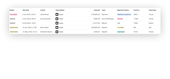 Transaction table columns: status, date, owner, amount, approval status, card