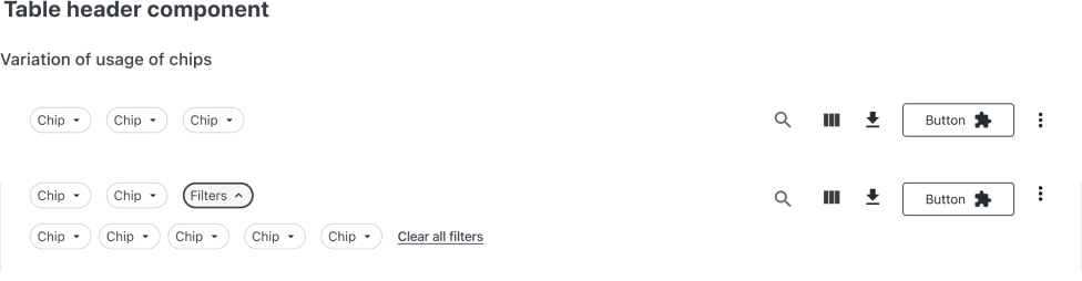 Table header component: variations of filter chips with search, columns, download and button