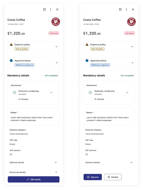 Approver view: completed details with Edit details, or Approve and Decline actions
