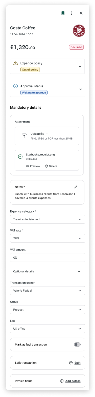 After: redesigned transaction panel with policy, approval status and grouped mandatory details