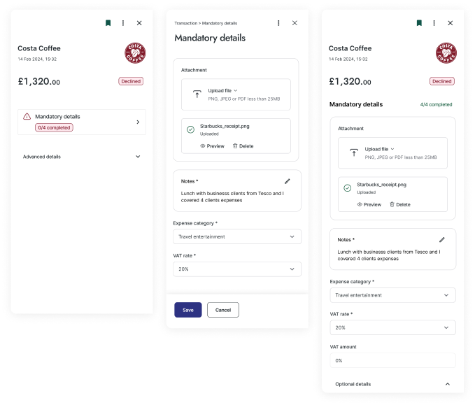 Spender view: three states of the panel while an employee completes mandatory details