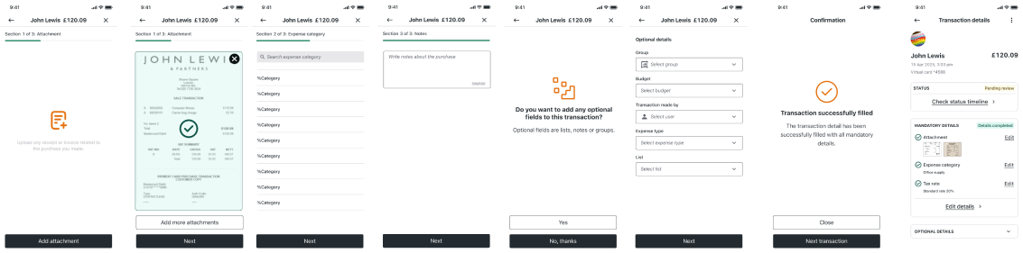 Eight mobile screens of the step-by-step flow for filling in a transaction