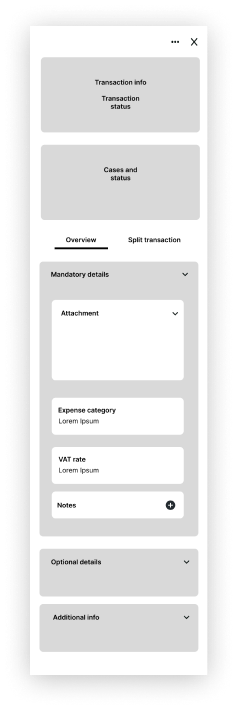 Wireframe of the transaction panel layout: info, status, mandatory details, optional details