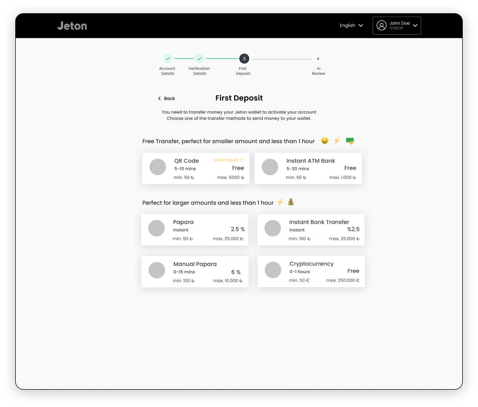 First deposit step in onboarding with a progress indicator and grouped transfer methods
