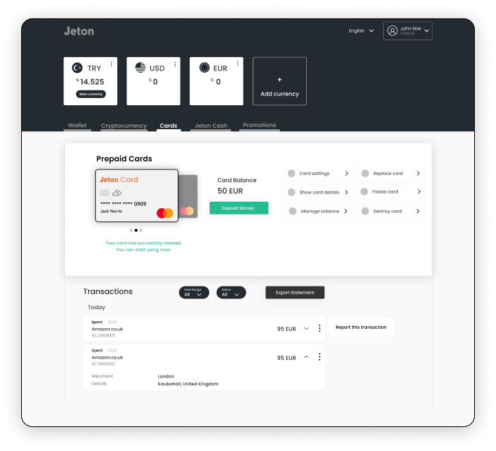 Jeton wallet homepage with the prepaid card carousel