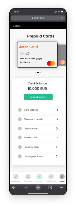 Mobile view of the prepaid cards screen
