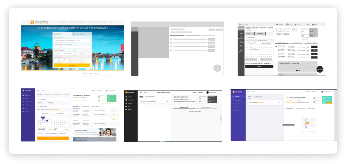 Six dashboard iterations from the old site to the final visual design