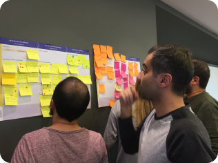Participants reading sticky notes on the workshop wall