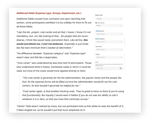 Research notes on the additional transaction fields, with participant quotes