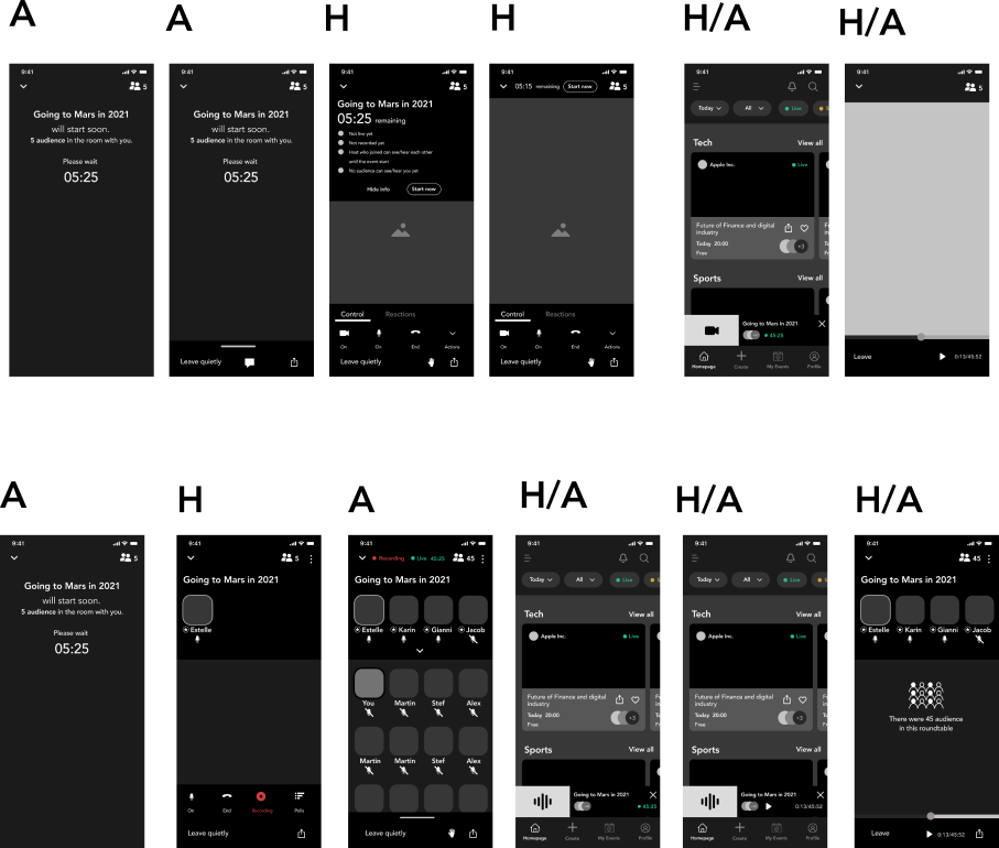 Twelve roundtable wireframes labelled for audience and host