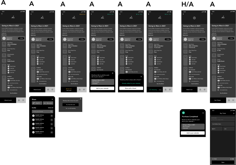 Event details wireframes: attend, add to calendar, share, watch and buy ticket states