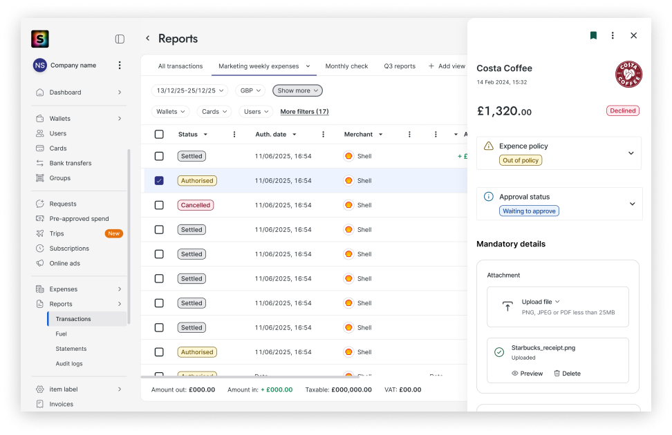 Reports table with the redesigned transaction detail panel open