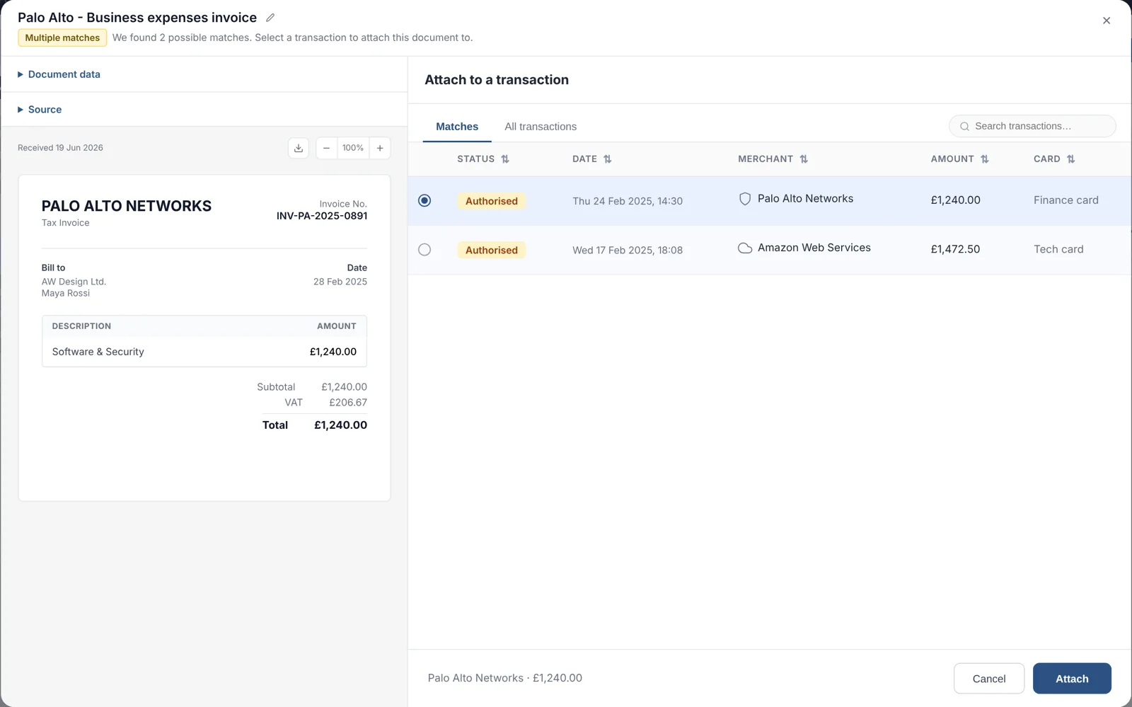 Attach to a transaction: the invoice on the left, two possible matches on the right, with Cancel and Attach