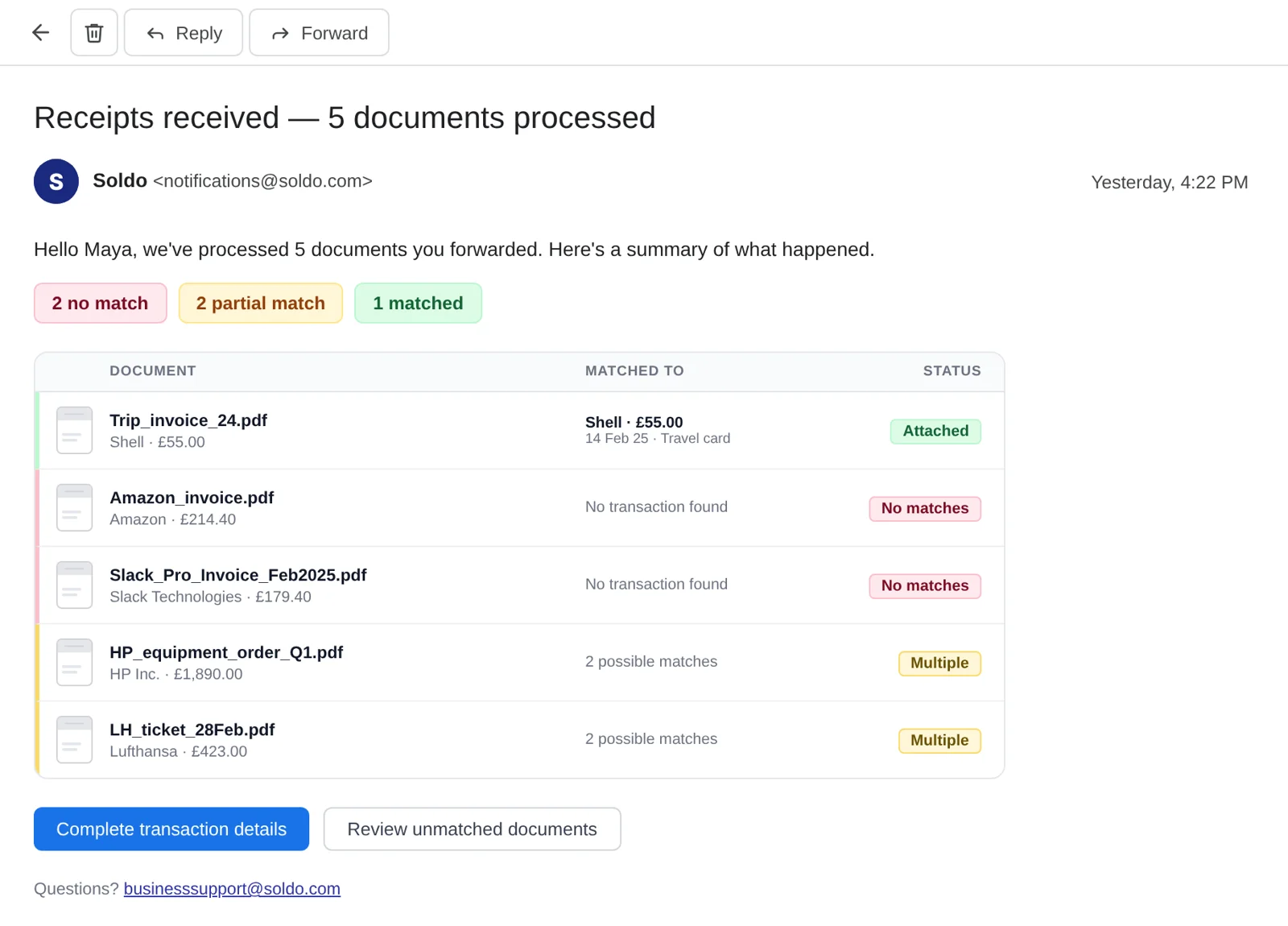 Batch summary email: five documents processed, 2 no match, 2 partial match, 1 matched, each with its status