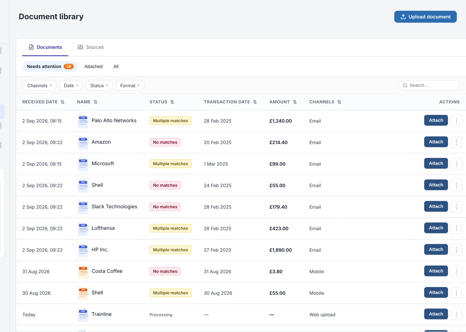 Soldo Document library listing forwarded receipts with their match status