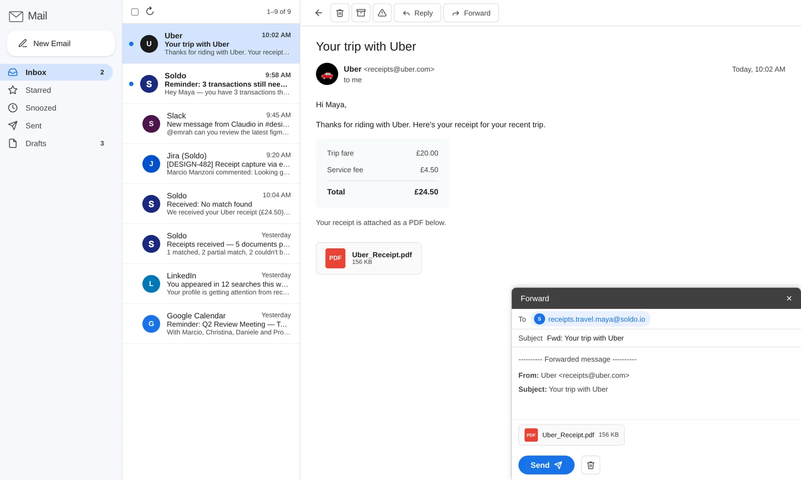 Mail app: Maya forwards the Uber receipt to receipts.travel.maya@soldo.io, the PDF attached