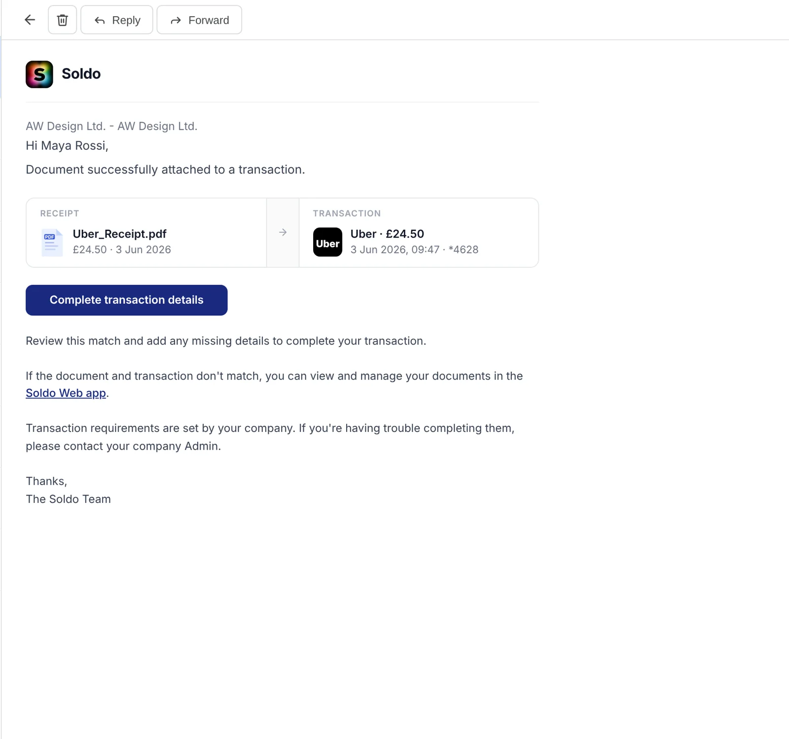 Soldo email: document successfully attached, with the receipt and the Uber transaction side by side and a Complete transaction details button