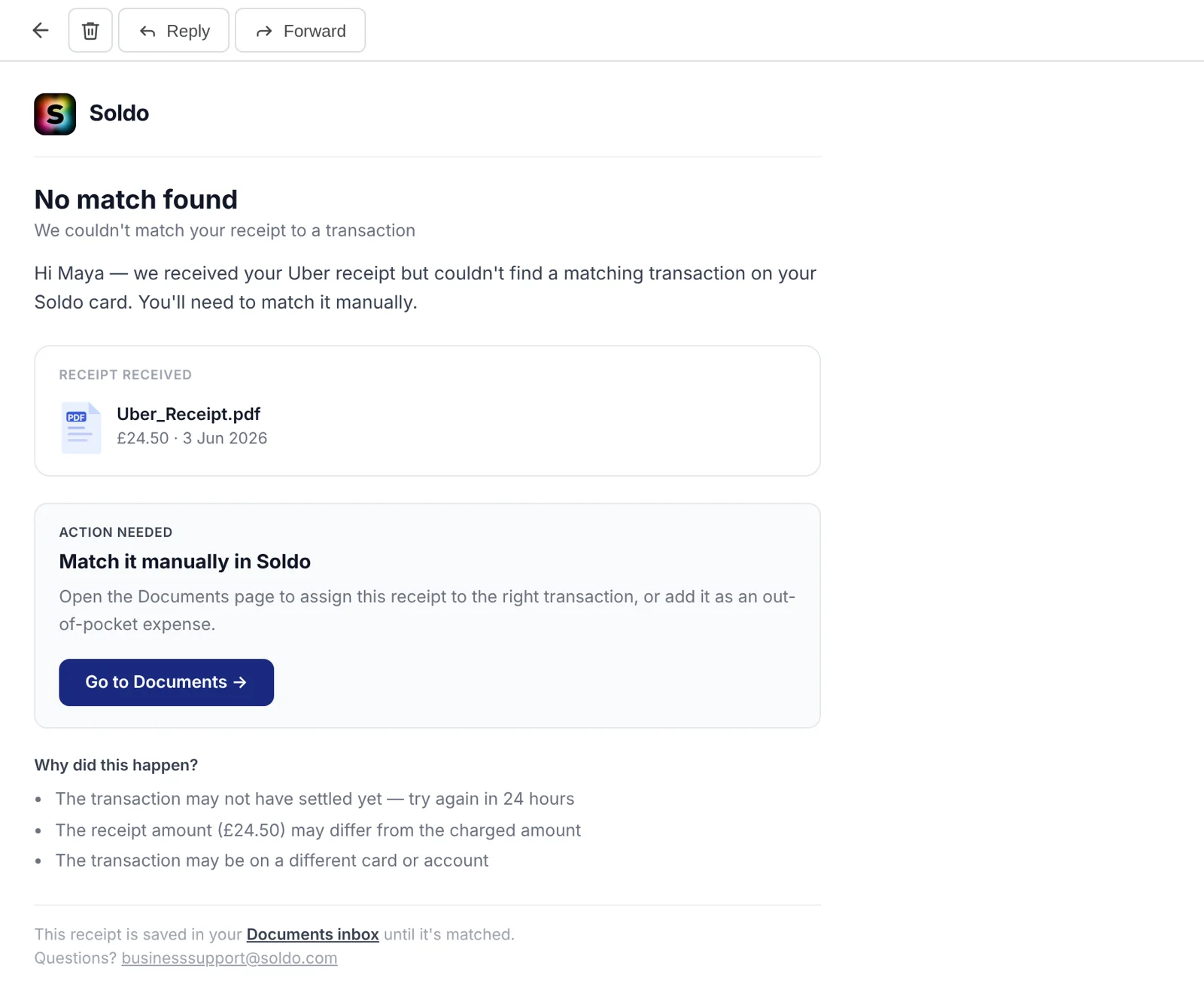 Soldo email: no match found, with the receipt received, a Match it manually in Soldo action and a list of why it may have happened