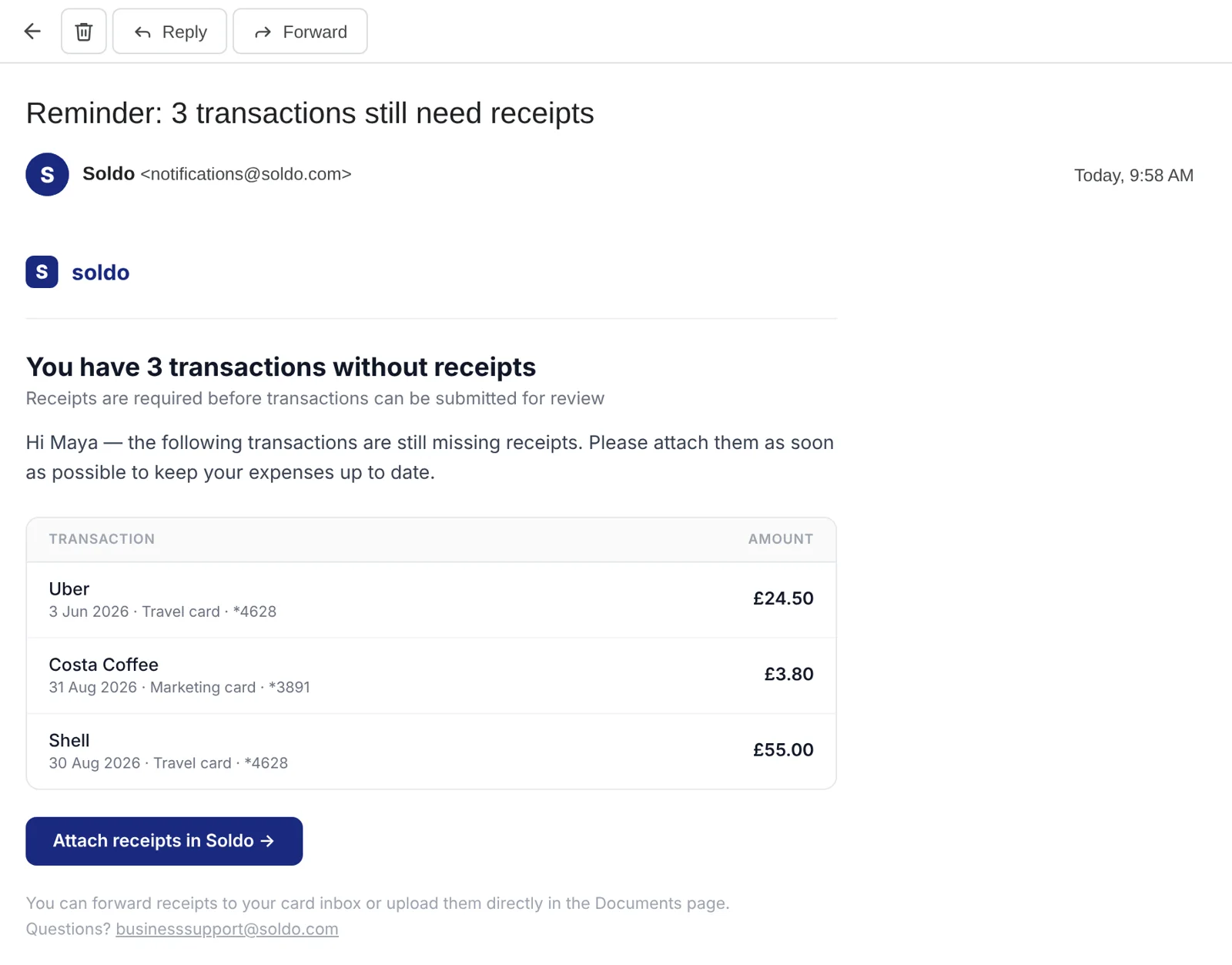 Reminder email: three transactions without receipts, an Attach receipts in Soldo button and a line saying receipts can be forwarded to the card inbox