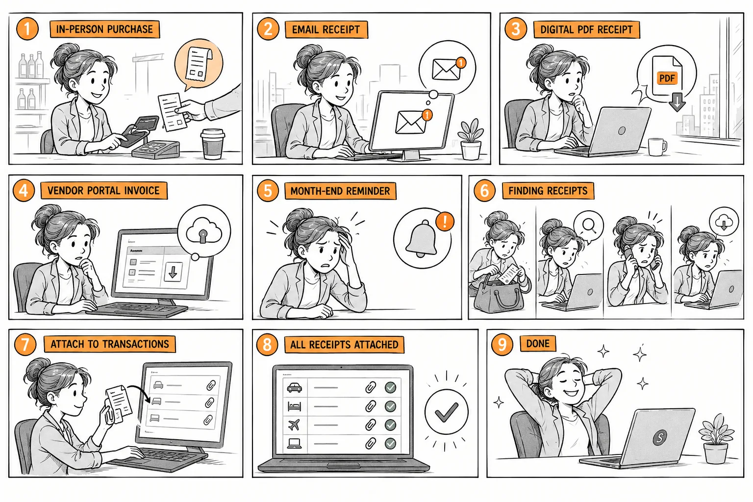 Nine-panel storyboard of Maya: an in-person purchase, an email receipt, a PDF, a vendor portal invoice, a month-end reminder, hunting for receipts, attaching them, all attached, done