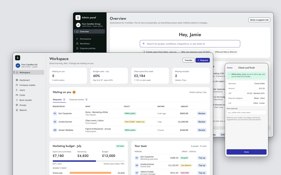 The Soldo Workspace for a team manager in front of the Admin panel, with the mobile receipt check beside them