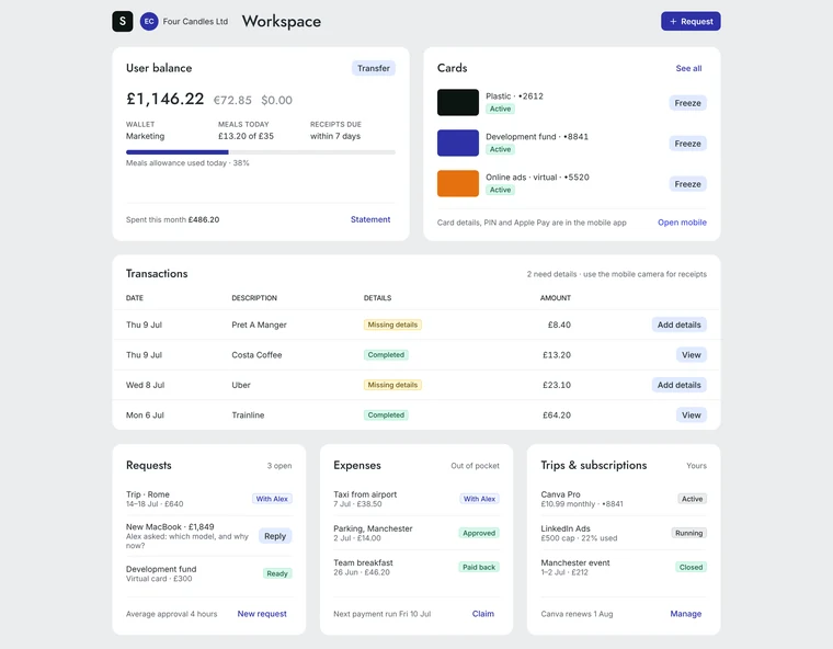 Employee Workspace on web: balance, cards, transactions needing details, requests, expenses and subscriptions