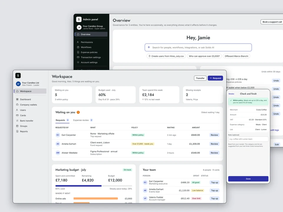 The Soldo Workspace for a team manager in front of the Admin panel, with the mobile receipt check beside them