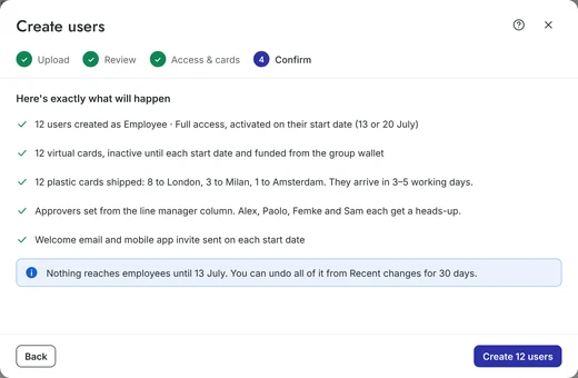 Create users, step 4: a plain list of what will happen, with a note that everything can be undone for 30 days