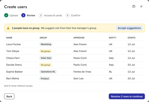 Create users, step 2: twelve new hires reviewed, two without a group and a suggestion for each