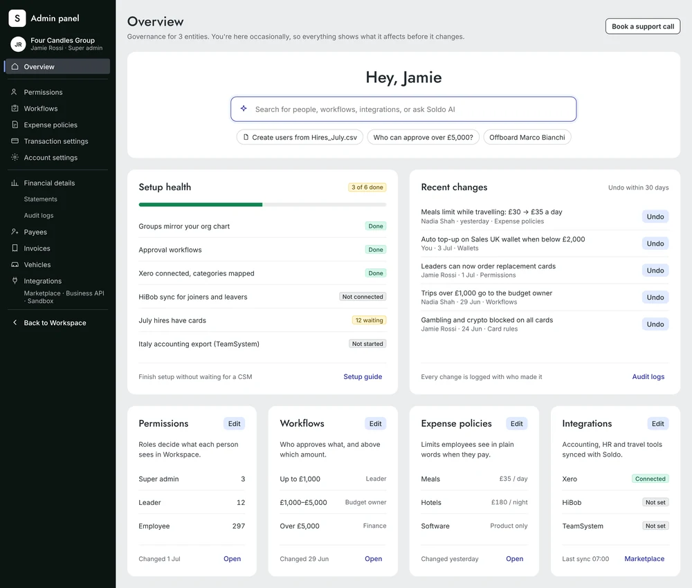 Admin panel overview: a search and AI prompt, setup health, recent changes with undo, and cards for permissions, workflows, expense policies and integrations