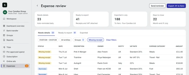 Expense review: transactions needing details with reminders already sent, and an Export to Xero button