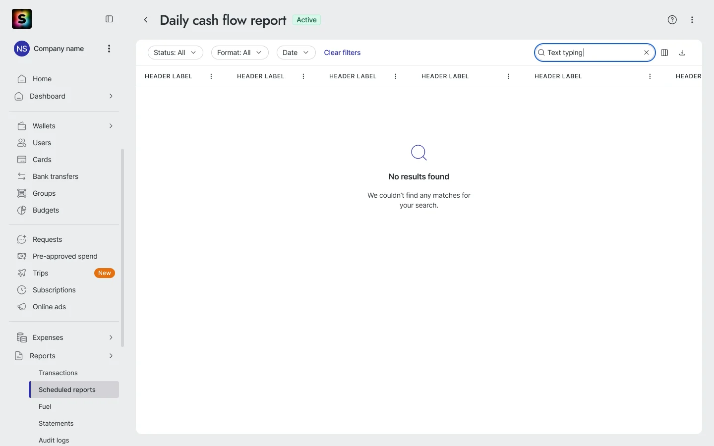 Scheduled reports section: the Daily cash flow report, marked Active, with filters for status, format and date, search, and a table of its past runs