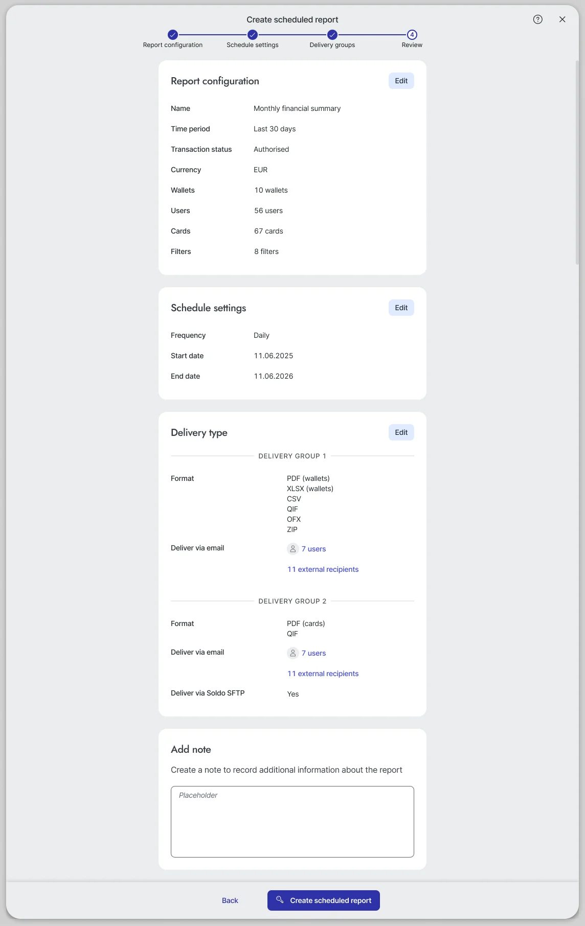 Create scheduled report, step 4: review of the report configuration, schedule, two delivery groups and a note field, with a Create scheduled report button